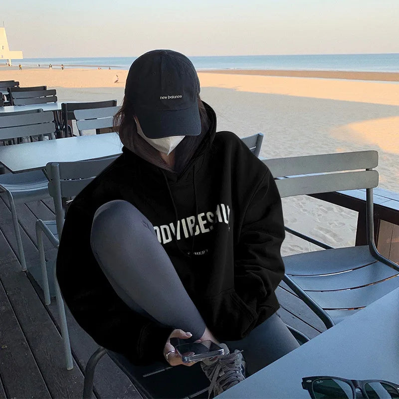 Autumn Fleece Hoodie Solid Color Letter Hooded