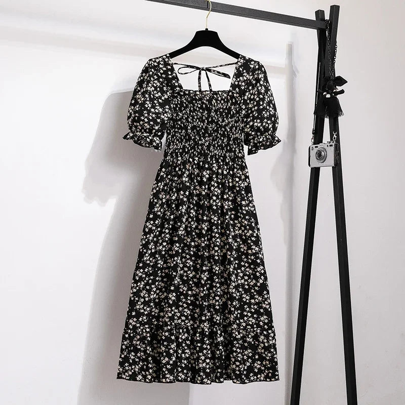 Spring Summer Chiffon Dresses Fashion Female Elastic Waist Short Sleeve