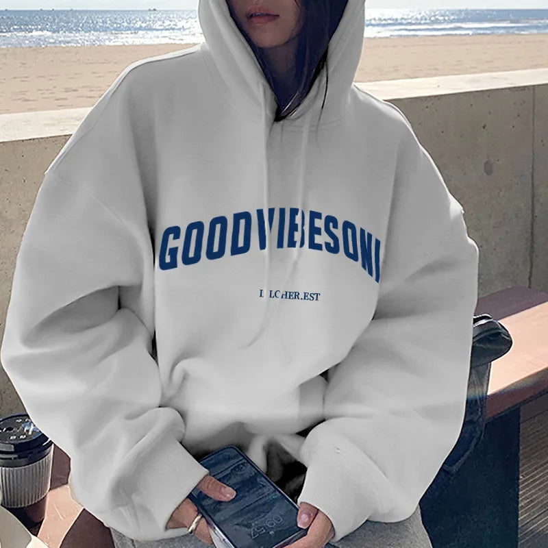 Autumn Fleece Hoodie Solid Color Letter Hooded