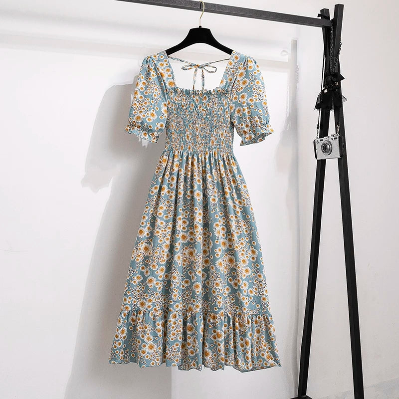 Spring Summer Chiffon Dresses Fashion Female Elastic Waist Short Sleeve